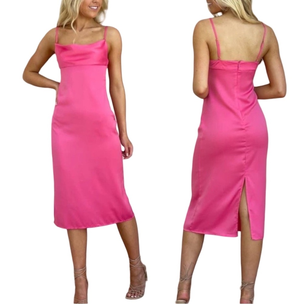Revolve Women’s WeWoreWhat Hot Pink Cowl Neck Satin Charmeuse Midi Dress Size 0